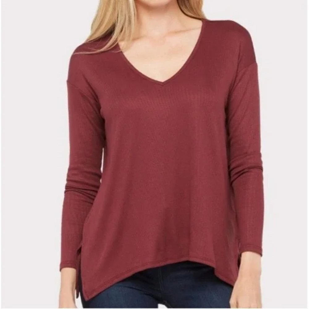 Michael Stars Red Ribbed V-neck long sleeve shirt size small